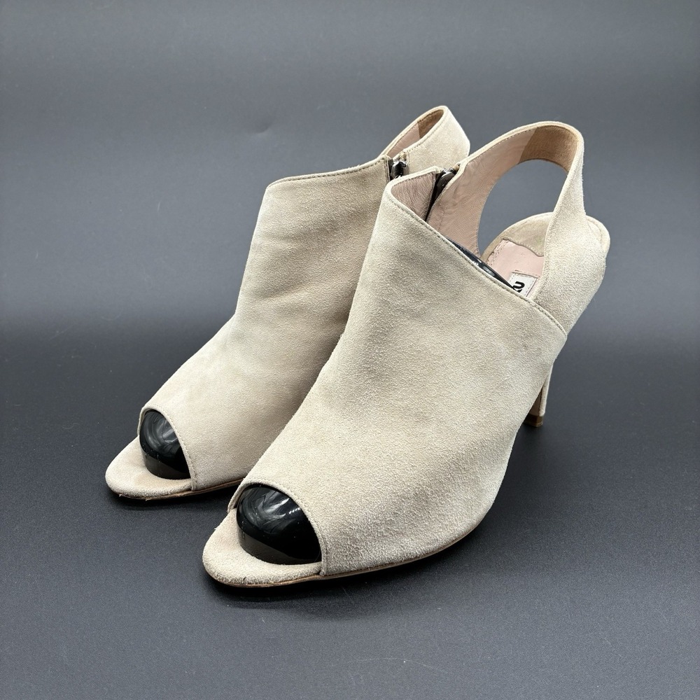Miu Miu Suede Peep Toe Slingback Heels Womens EU 38.5 Beige Made In Italy